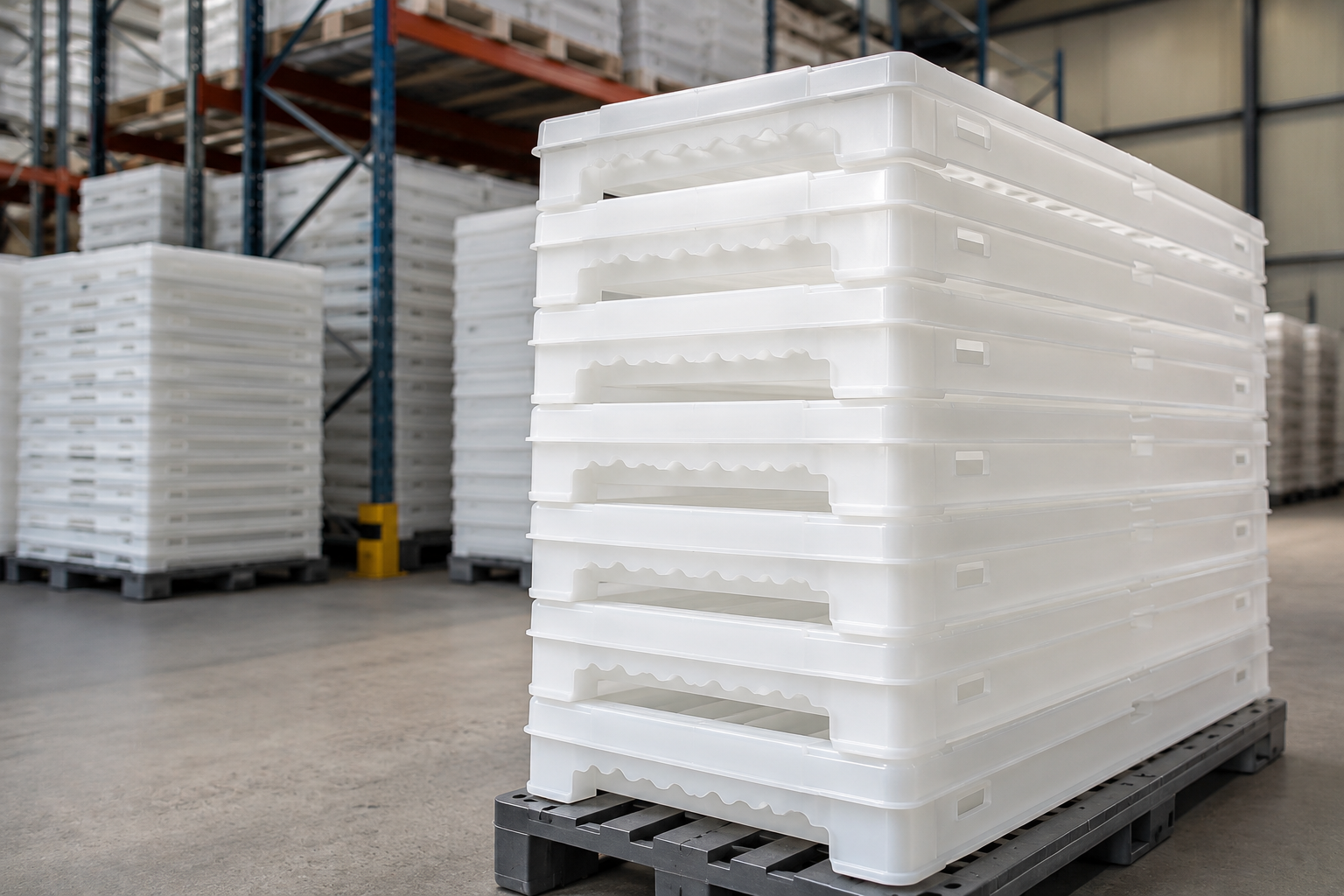 Cajas KOREBOX apiladas y paletizadas en bodega de distribución